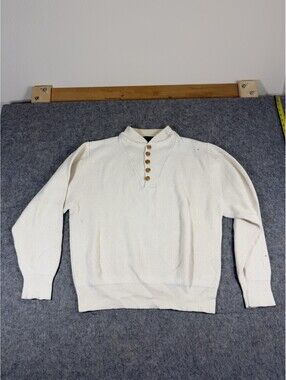 Vintage Eddie Bauer Henley Knit Sweater Men Size Large Ivory White 80s 90s